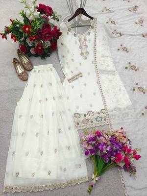white color thread and sequin embroidery silk blend kurti palazzo set 5