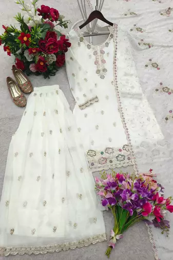 white color thread and sequin embroidery silk blend kurti palazzo set
