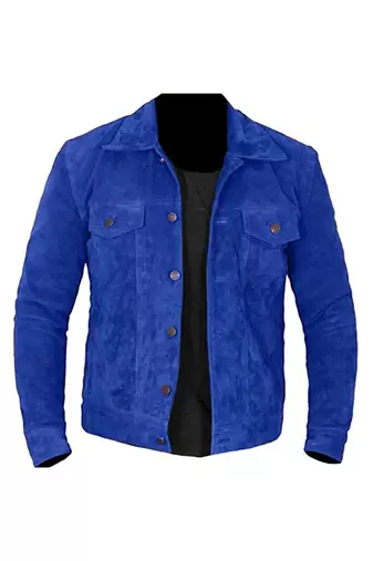 Men's blue suede leather premium quality cafe racer trucker jacket