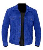Men's blue suede leather premium quality cafe racer trucker jacket