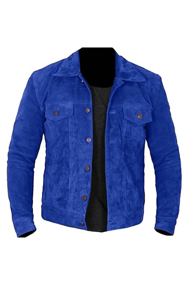 Men's blue suede leather premium quality cafe racer trucker jacket