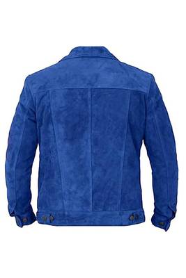 Men's blue suede leather premium quality cafe racer trucker jacket 2