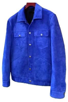 Men's leather designer style blue suede cafe racer jacket 1