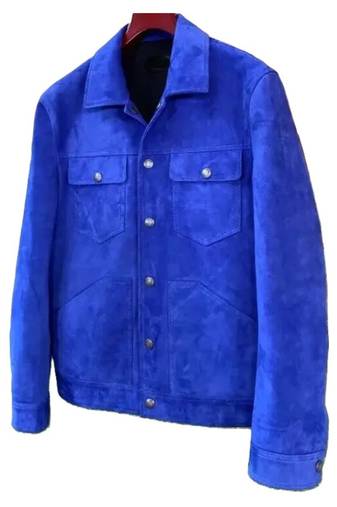 Men's leather designer style blue suede cafe racer jacket