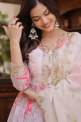 Digital print & embroidered russian silk gown & dupatta