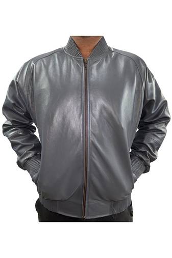 Men's grey leather daily wear genuine lambskin bomber jacket