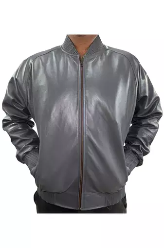 Men's grey leather daily wear genuine lambskin bomber jacket