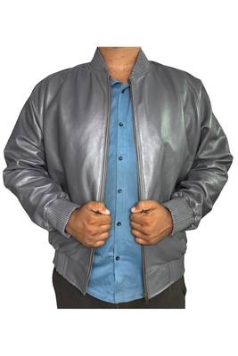 Men's grey leather daily wear genuine lambskin bomber jacket 2