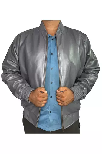 Men's grey leather daily wear genuine lambskin bomber jacket