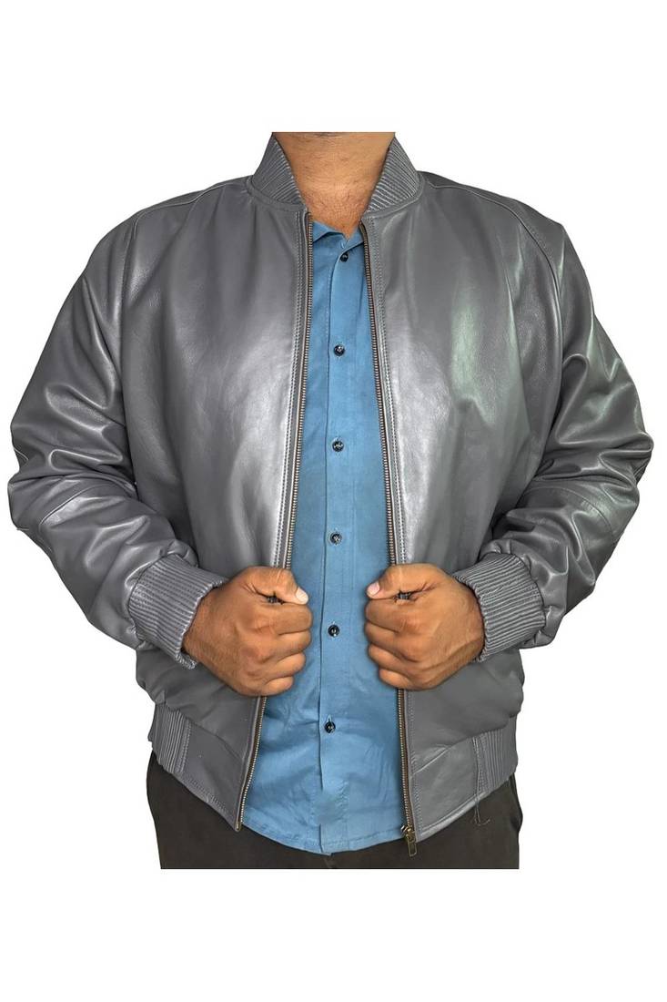 Men's grey leather daily wear genuine lambskin bomber jacket