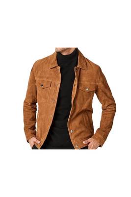 Men's tan suede leather signature look genuine trucker jacket 1