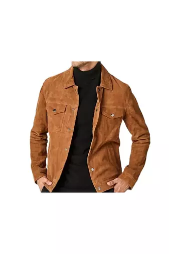 Men's tan suede leather signature look genuine trucker jacket