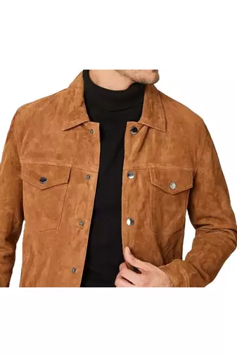 Men's tan suede leather signature look genuine trucker jacket