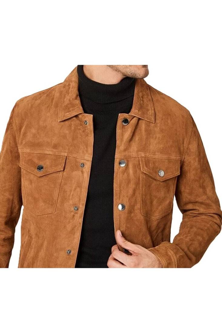 Men's tan suede leather signature look genuine trucker jacket