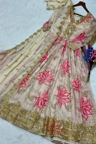 Digital print & embroidered russian silk gown & dupatta