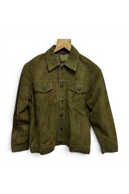 Men genuine leather classic design olive green suede trucker jacket 1