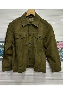 Men genuine leather classic design olive green suede trucker jacket 2