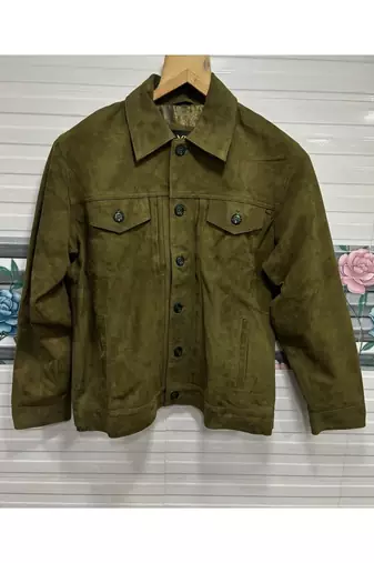 Men genuine leather classic design olive green suede trucker jacket