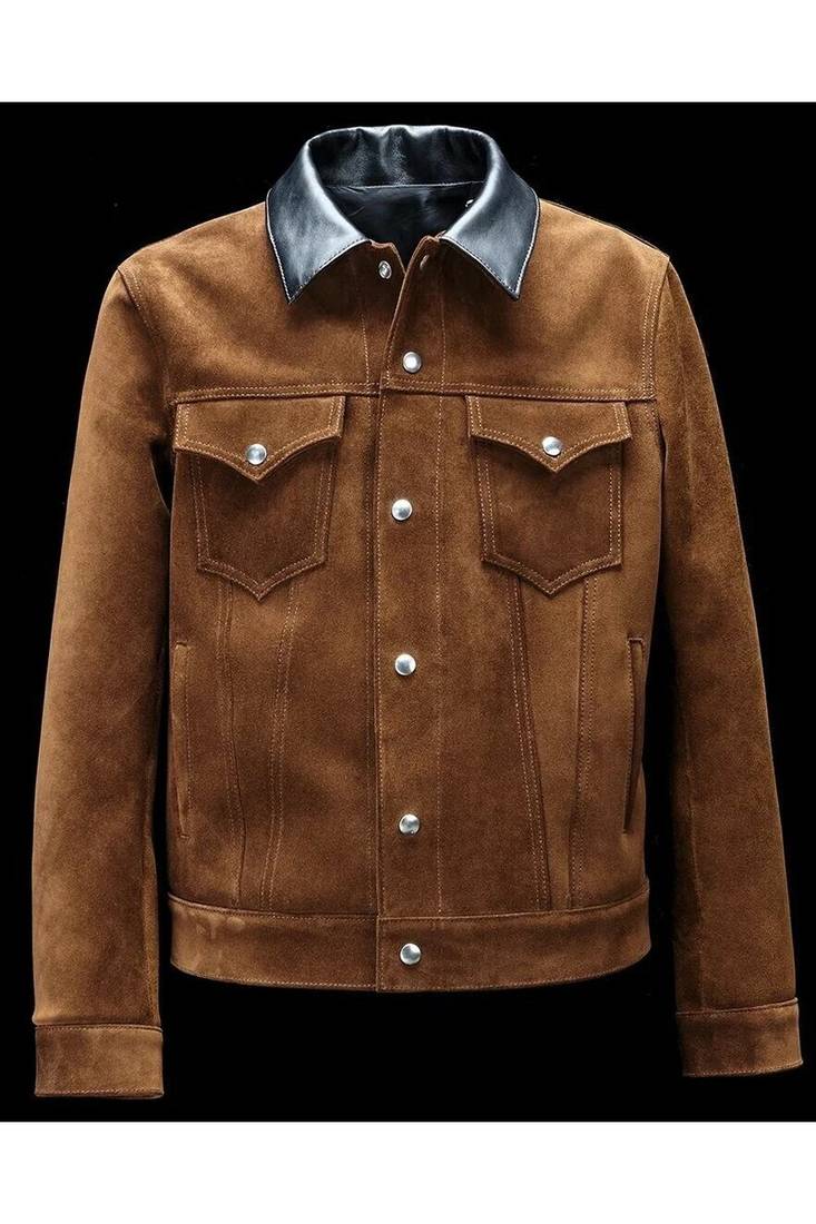 Men's cafe racer suede leather premium finish brown shirt jacket