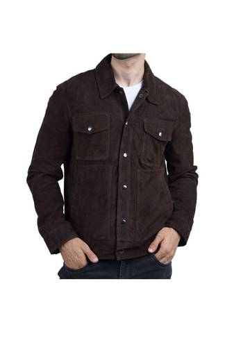 Men's brown suede leather fashion outerwear snap style jacket