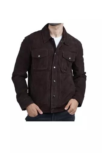Men's brown suede leather fashion outerwear snap style jacket