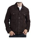Men's brown suede leather fashion outerwear snap style jacket