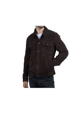 Men's brown suede leather fashion outerwear snap style jacket 3