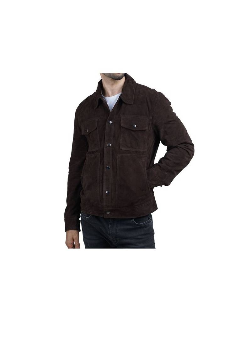 Men's brown suede leather fashion outerwear snap style jacket