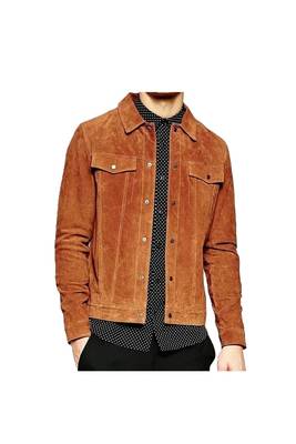Men's tan suede leather casual style trucker jacket 1