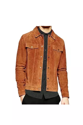 Men's tan suede leather casual style trucker jacket
