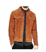 Men's tan suede leather casual style trucker jacket