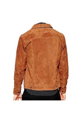 Men's tan suede leather casual style trucker jacket 2