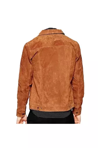 Men's tan suede leather casual style trucker jacket