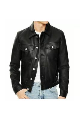 Men's black genuine leather modern fit casual  button jacket 1