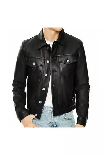Men's black genuine leather modern fit casual  button jacket
