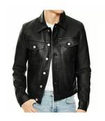 Men's black genuine leather modern fit casual  button jacket