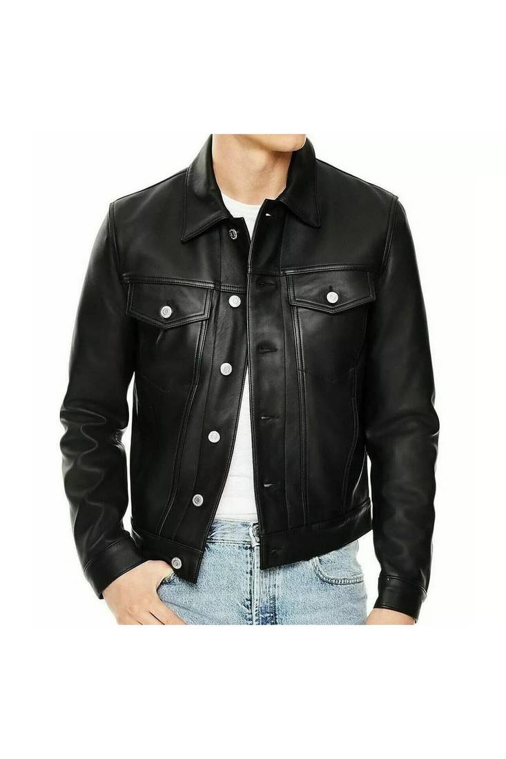 Men's black genuine leather modern fit casual  button jacket
