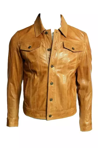 Men's genuine tan leather modern fit casual button jacket