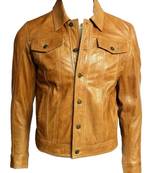 Men's genuine tan leather modern fit casual button jacket