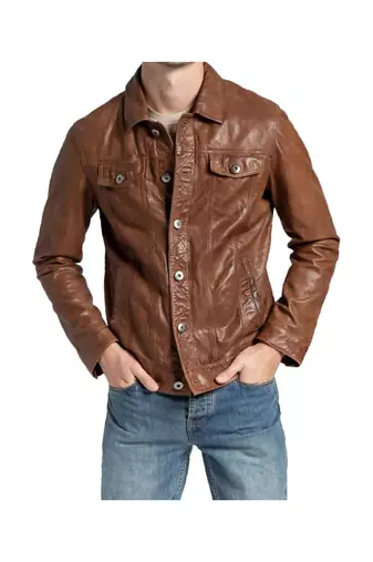Men's genuine brown leather casual button style jacket