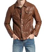 Men's genuine brown leather casual button style jacket