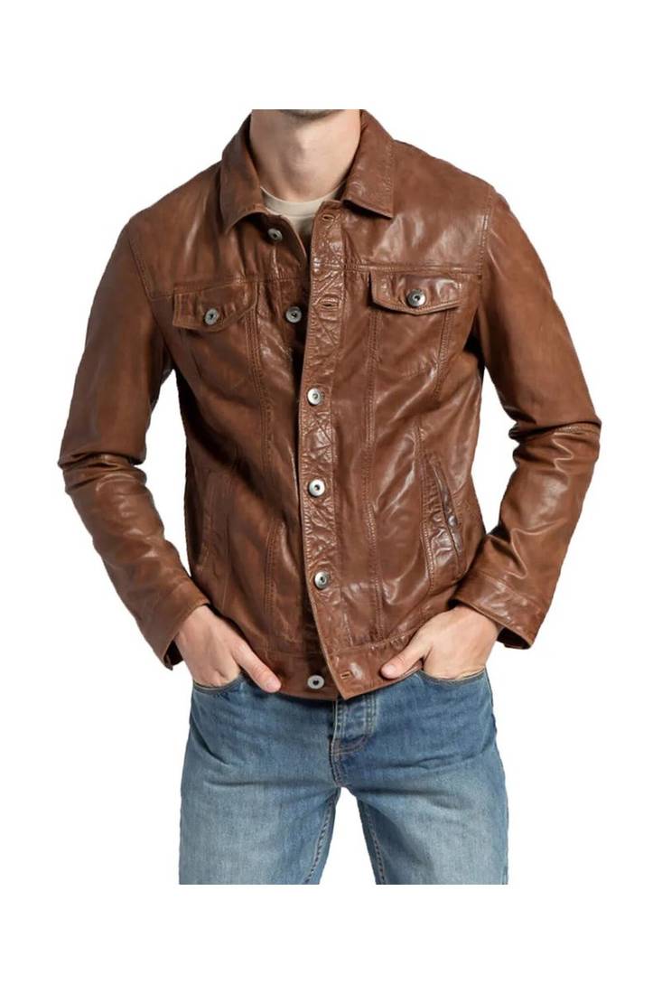 Men's genuine brown leather casual button style jacket