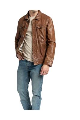Men's genuine brown leather casual button style jacket 2