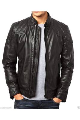 Men's black genuine leather timeless style biker jacket 1