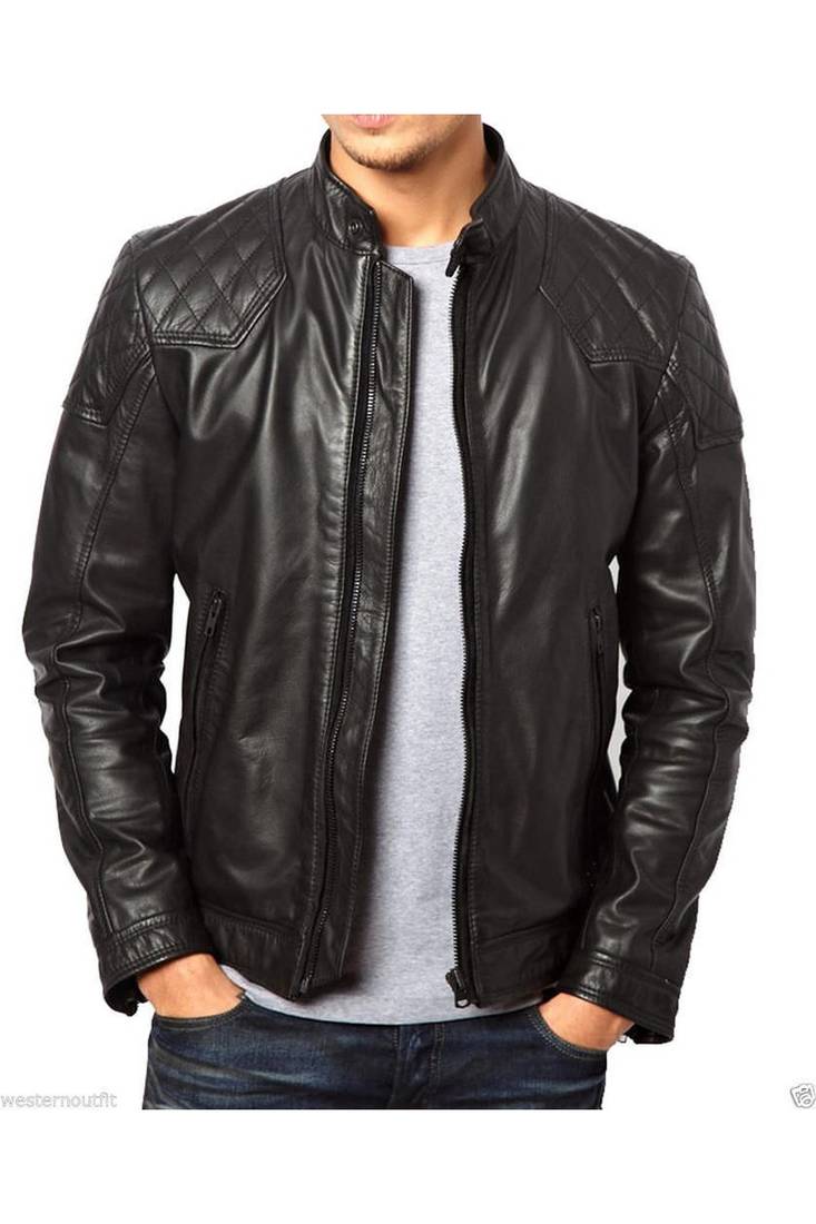 Men's black genuine leather timeless style biker jacket