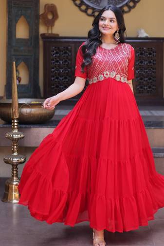 Red zari & sequins work blooming gown