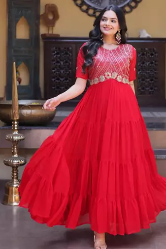 Red zari & sequins work blooming gown