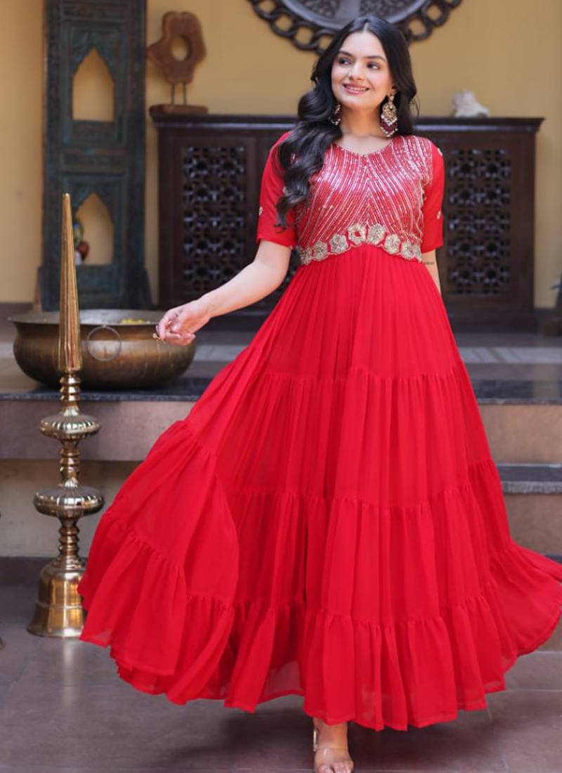 Red zari & sequins work blooming gown