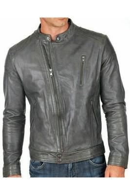 Men's genuine grey leather timeless style biker jacket 1
