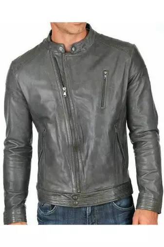 Men's genuine grey leather timeless style biker jacket
